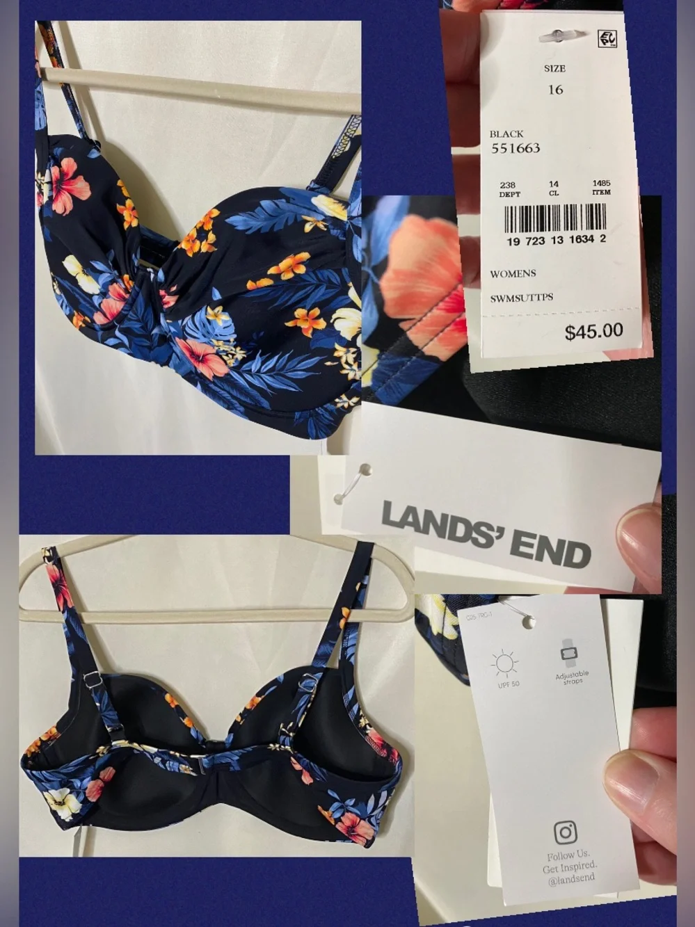 NWT Lands’ End Blk/Floral Top/ Blue Bottom Two Piece Bikini Swimwear/ Swimsuit